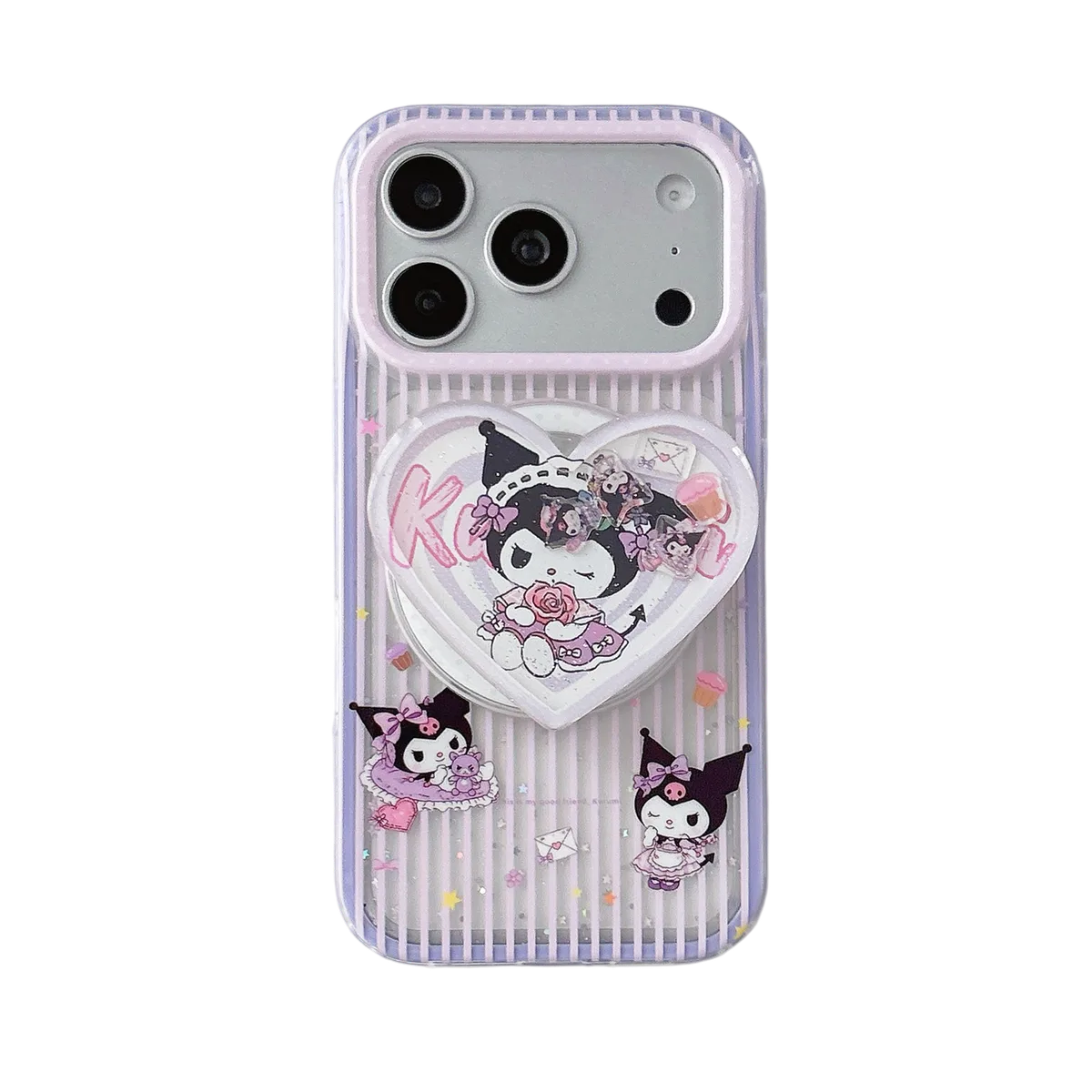 Kuromi Heart Pop Phone Case with Beaded Strap & Pop Socket for iPhone 17 16 15 14 13 Pro Max — MagSafe